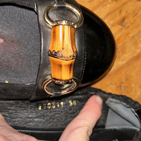 GUCCI RARE 38.5 black suede black patent leather flat back bamboo/gold Horse-bit - Picture 4 of 10